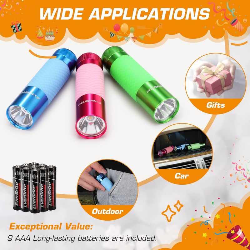 EverBrite 3-Pack Mini Flashlights, Glow in Dark Flashlights, Aluminum LED Flashlights Party Favors Assorted Colors for Camping, Hiking, Indoor, 9XAAA Batteries Included - Image 5